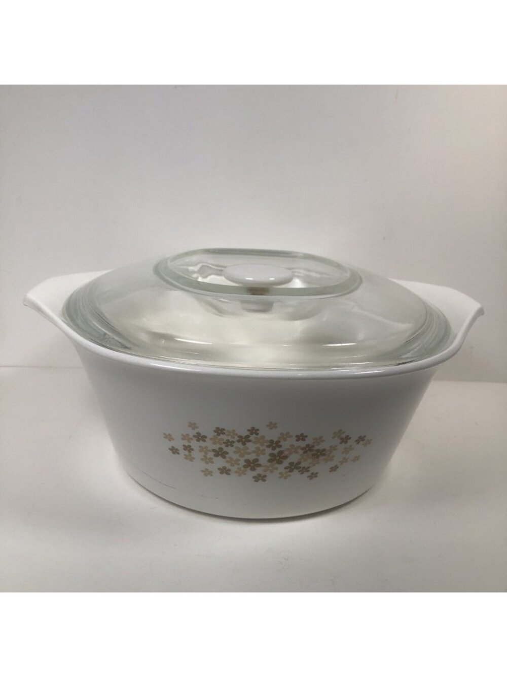 Vintage 3 qt Libbey Daisy Casserole Dish/Saucepan White with Brown Flowers W Lid